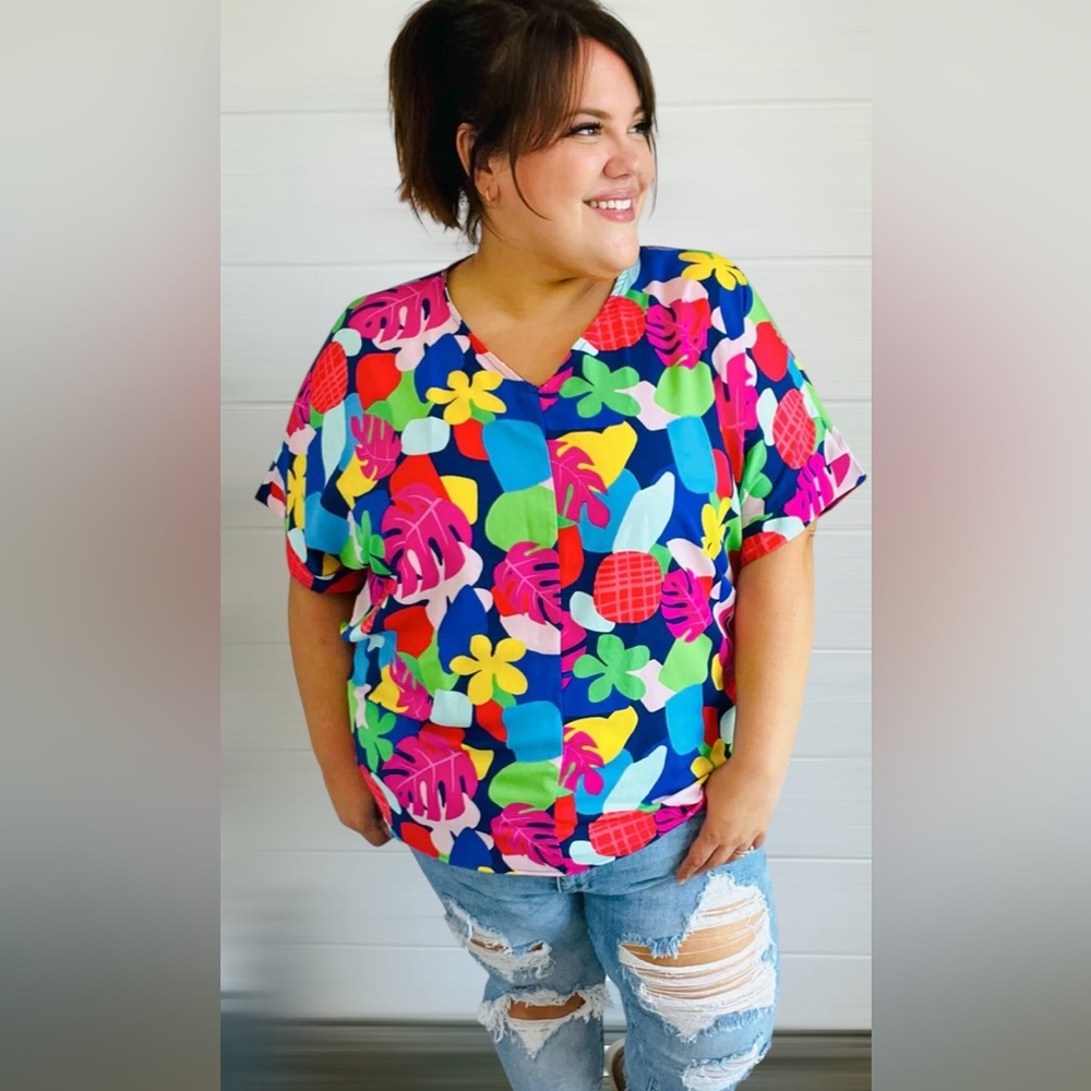 🆕 TIME FOR SUN NAVY MULTICOLOR TROPICAL PRINT V NECK TOP - Picture 4 of 4